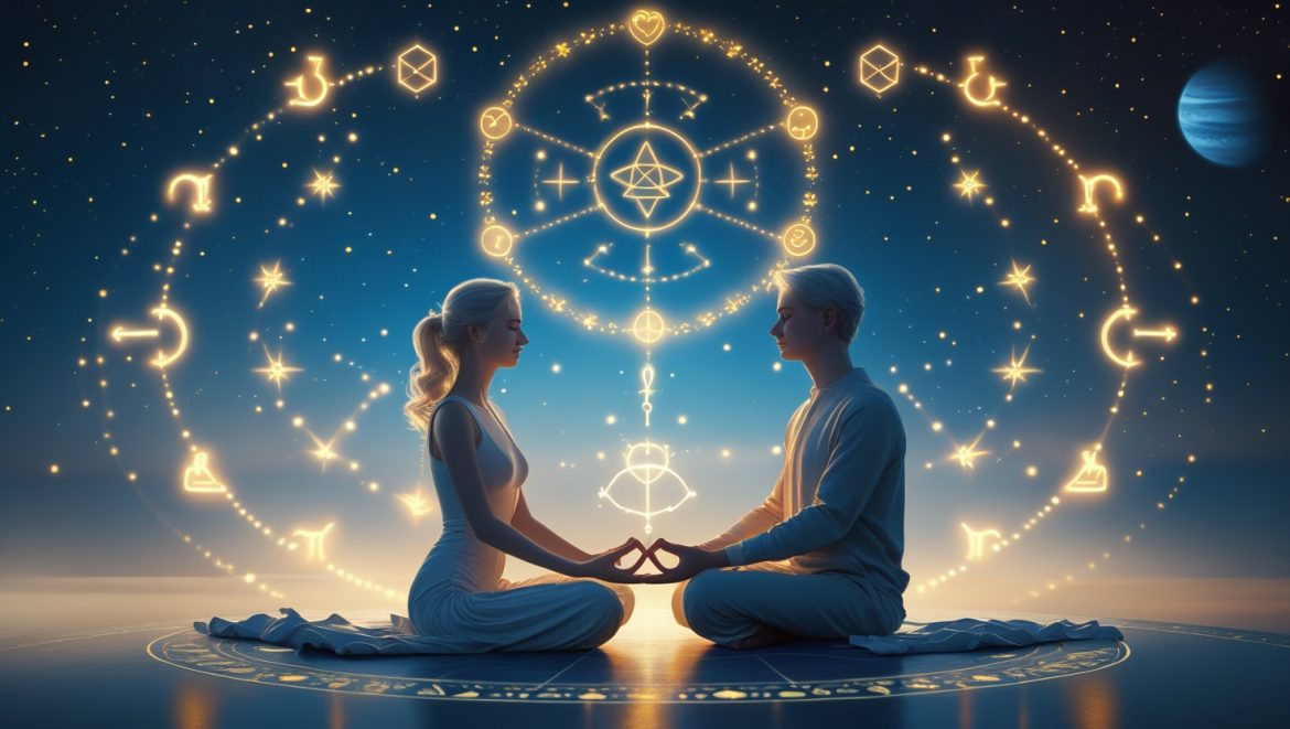 Астрологическая совместимость двух людей под звездным небом с символами зодиака и космической энергией