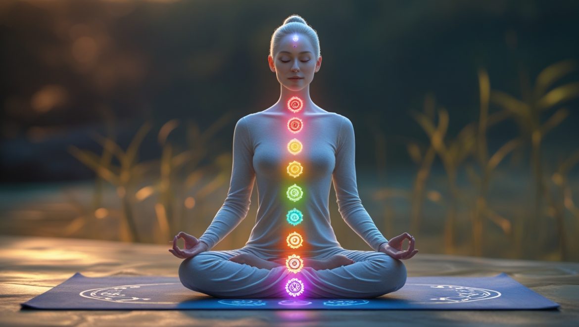 Медитирующий человек с семью светящимися чакрами вдоль позвоночника в цветах радуги