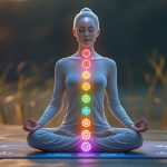 Медитирующий человек с семью светящимися чакрами вдоль позвоночника в цветах радуги
