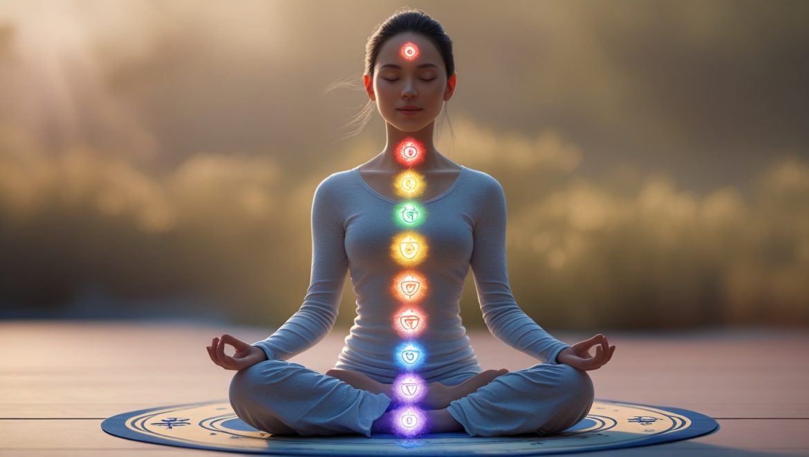Медитирующий человек с активированными чакрами для диагностики энергетических центров