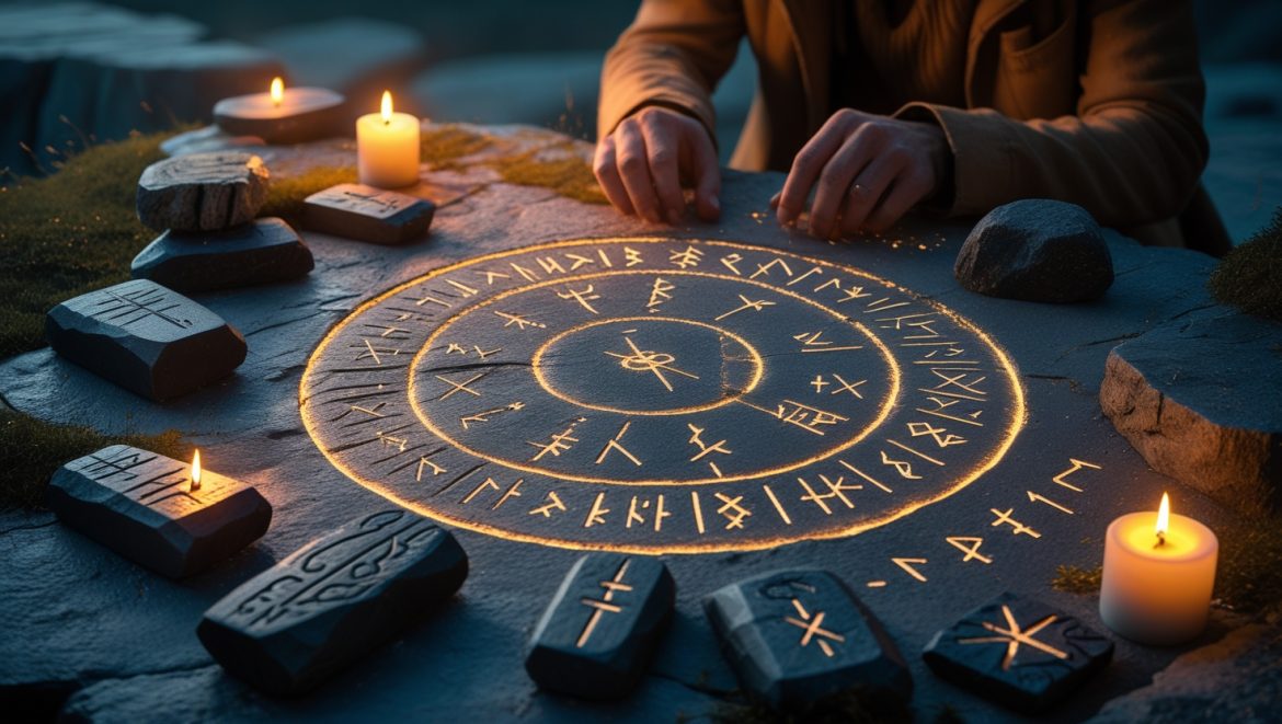 Древние рунические символы высеченные в камне при свечах с деревянными рунами для гадания