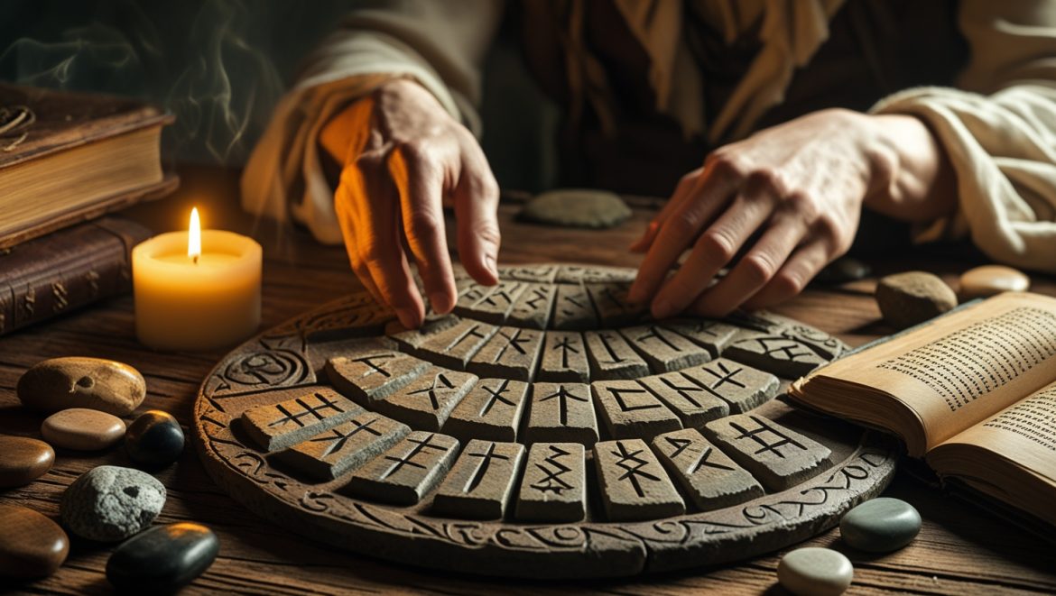 Древние скандинавские руны для гадания и предсказаний на деревянном столе при свечах