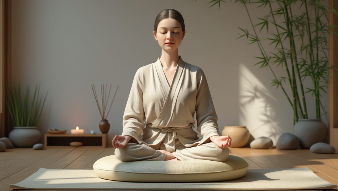Человек практикует дзен-медитацию в позе лотоса в спокойной домашней обстановке с медитативными аксессуарами