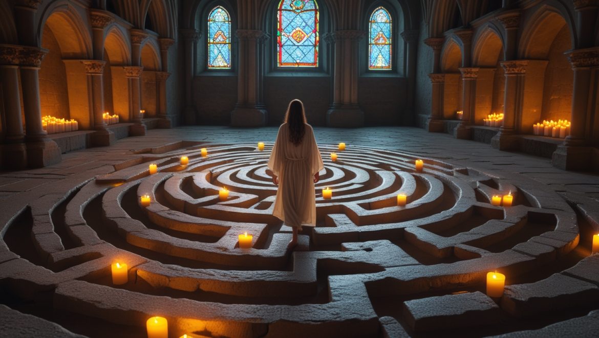 Средневековый каменный лабиринт в европейском соборе для духовных практик и медитации