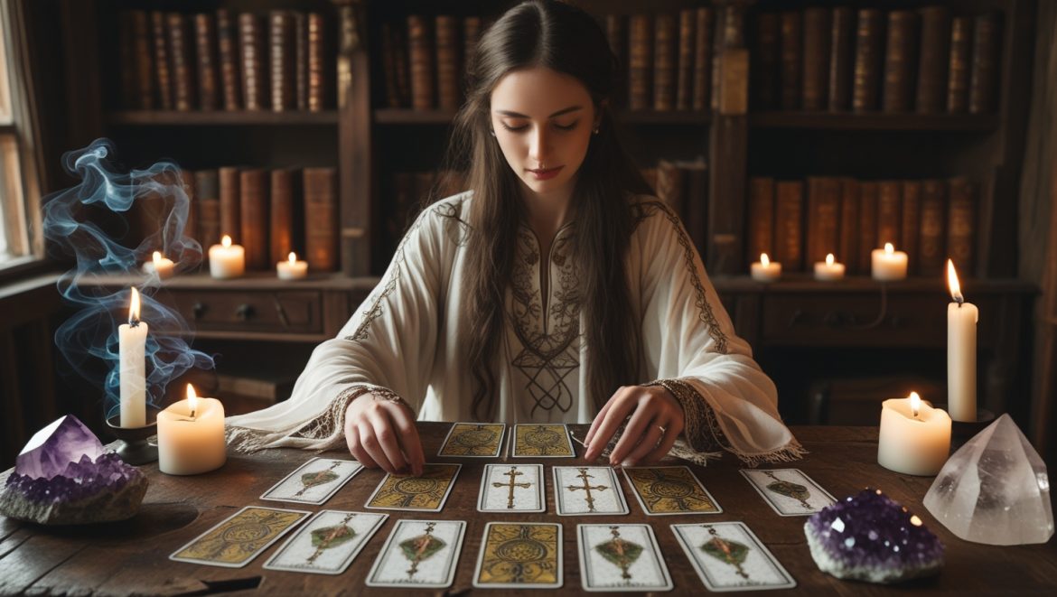 Гадание на картах Таро для начинающих - мистическая атмосфера с раскладом карт, свечами и кристаллами