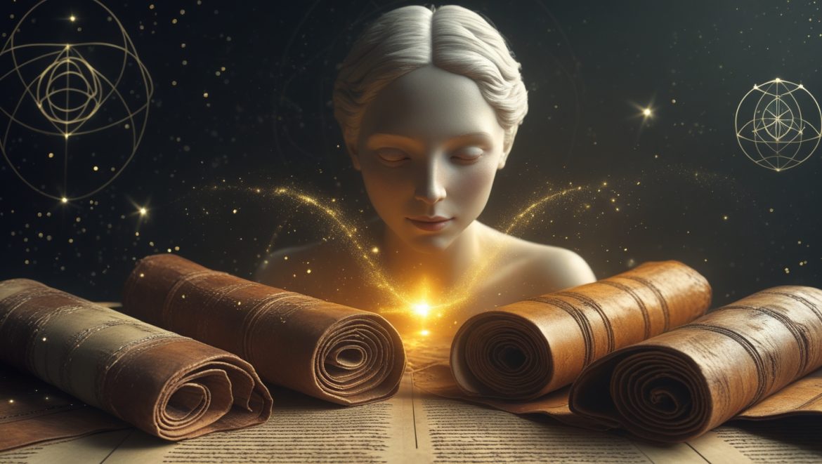 Мистическая композиция с древними гностическими манускриптами и световыми эффектами