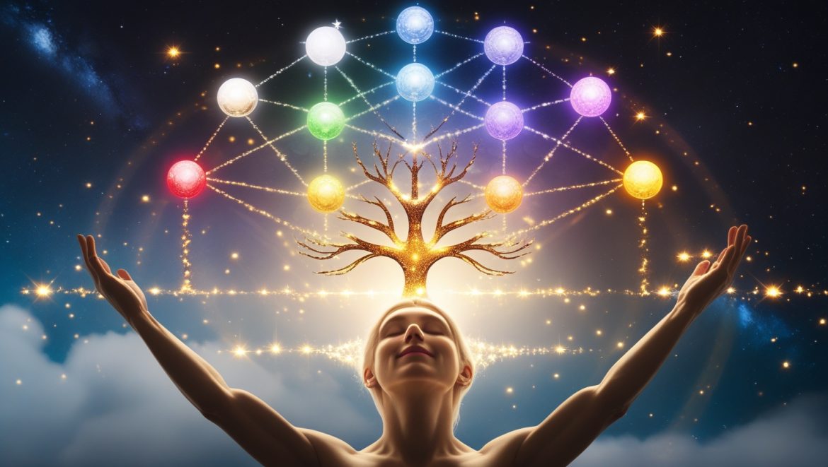 Каббалистическое древо жизни с божественными искрами и медитирующим человеком в космическом пространстве