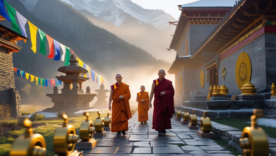 Тибетский монастырь школы Кагью в горах с молитвенными барабанами и флагами для медитации и духовных практик