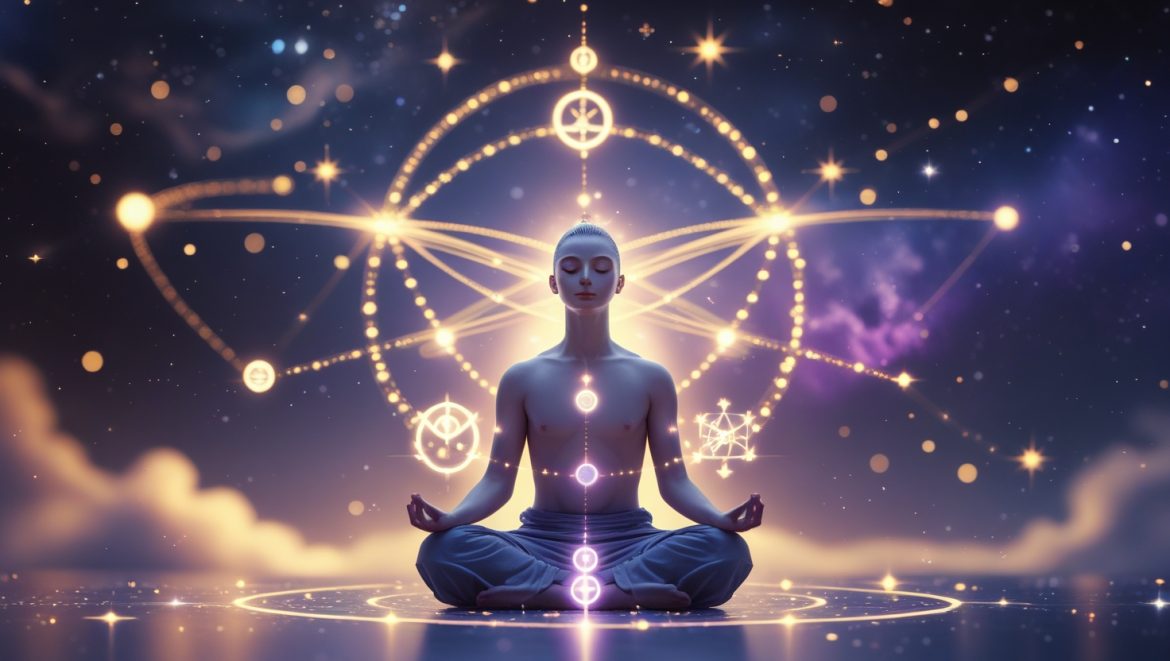 Кармические узлы планет в астрологии с медитирующим человеком среди космических энергий