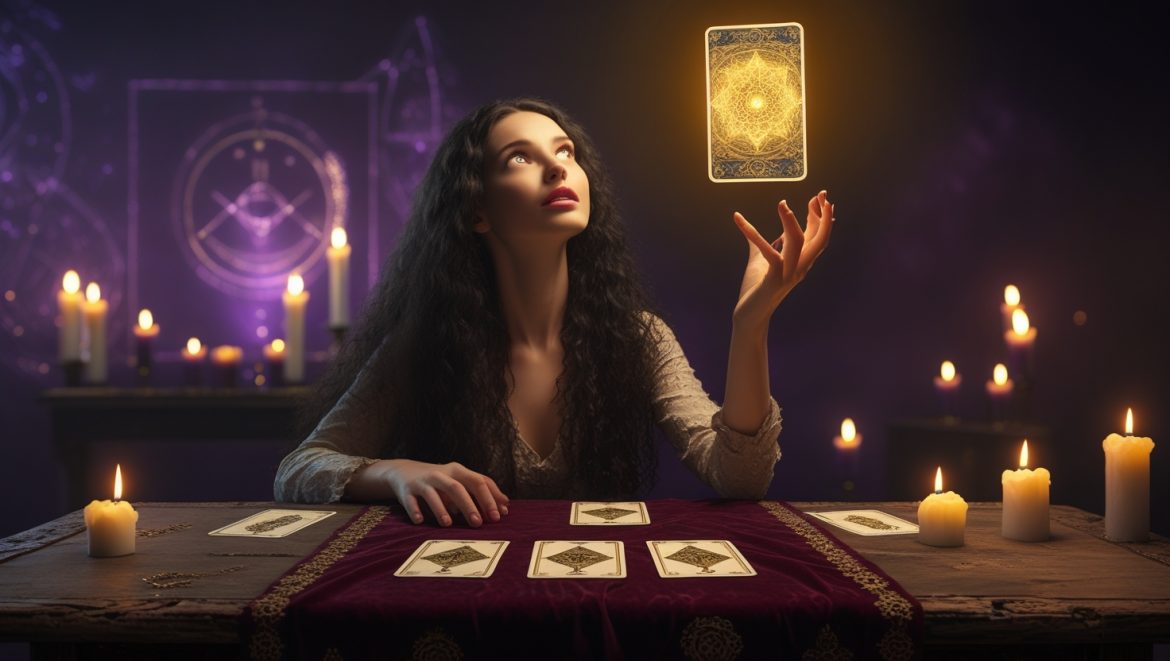 Карта-призрак Таро светится над столом во время гадания