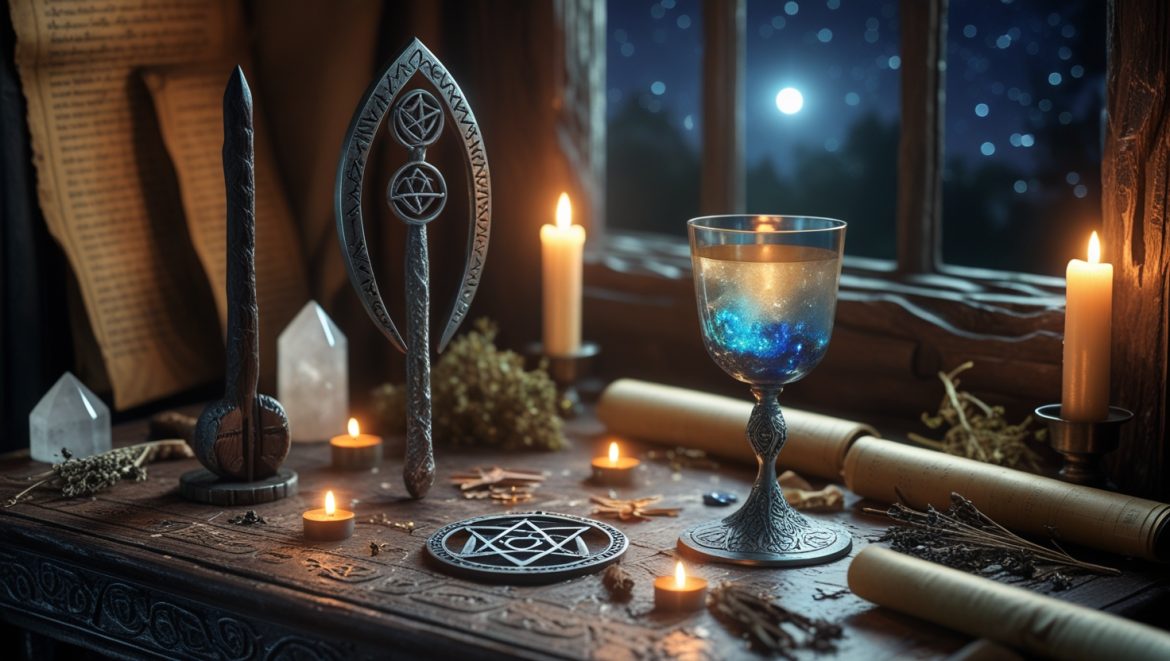 Магические инструменты - жезл атам чаша пентакль на алтаре при свечах