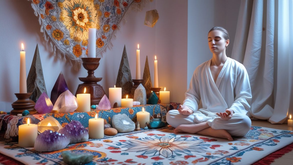 магический домашний алтарь с кристаллами свечами и ритуальными предметами для духовных практик