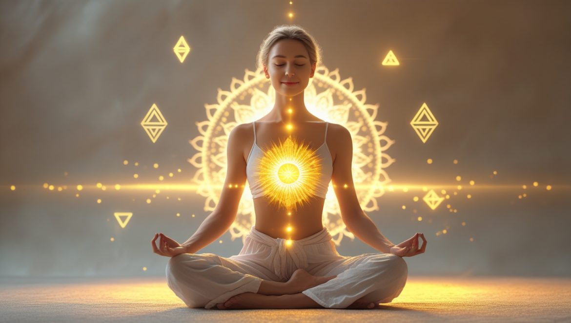 Медитация на Манипура чакру с золотым солнцем в области солнечного сплетения для активации личной силы