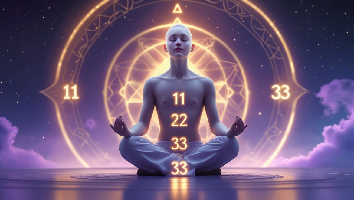 Медитирующий человек с мастер-числами 11, 22, 33 в золотом свете, духовная нумерология и эзотерика