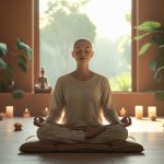 женщина медитирует в спокойной обстановке с мягким освещением и растениями