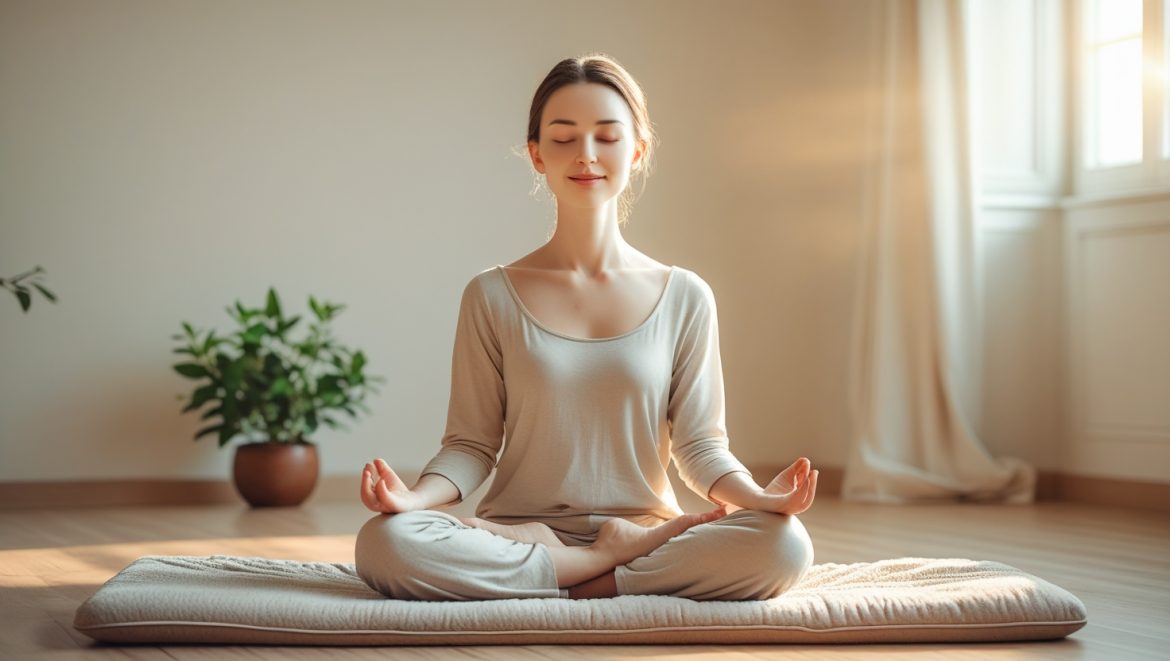 Человек медитирует в позе лотоса в спокойной обстановке, практикуя осознанность и присутствие в моменте