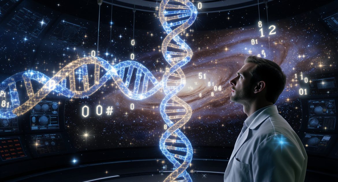 Светящаяся ДНК спираль с числовыми кодами нумерологии на космическом фоне