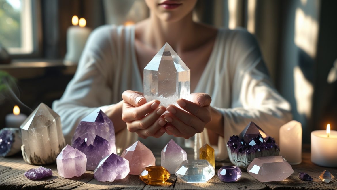 Женщина медитирует с кристаллами кварца в руках в окружении различных целебных камней и минералов