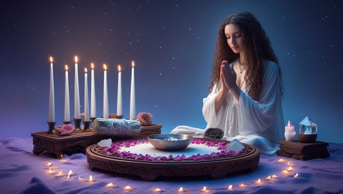 Ритуал полнолуния с кристаллами, свечами и лунной водой для очищения ауры и привлечения изобилия