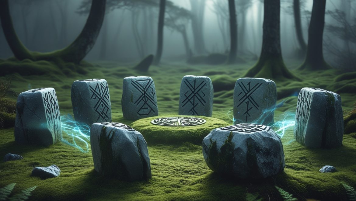 Древние рунические камни с магическими символами в мистическом северном лесу для изучения рунической магии