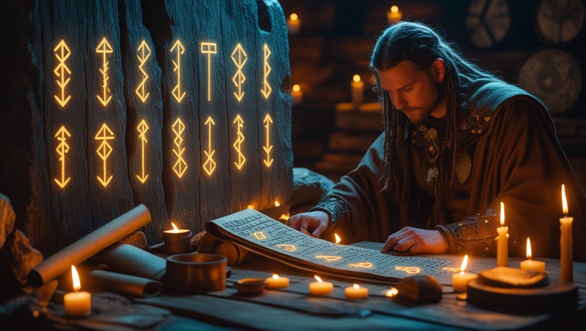 Древние скандинавские руны Старшего Футарка на каменных табличках в мистическом свете свечей для гадания и магических практик