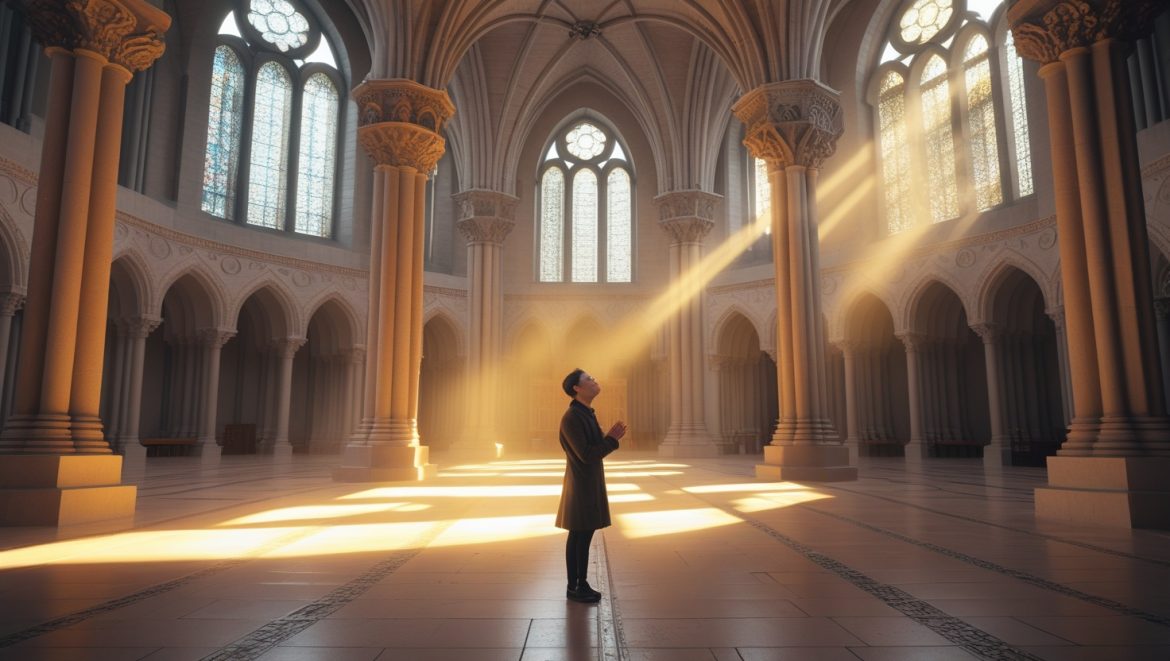 Внутреннее пространство готического собора демонстрирующее принципы сакральной геометрии с идеальными математическими пропорциями и божественным освещением
