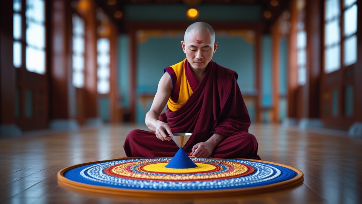 Тибетский монах создаёт песочную мандалу с помощью традиционных инструментов, демонстрируя древнее искусство сакральной геометрии и медитативной практики