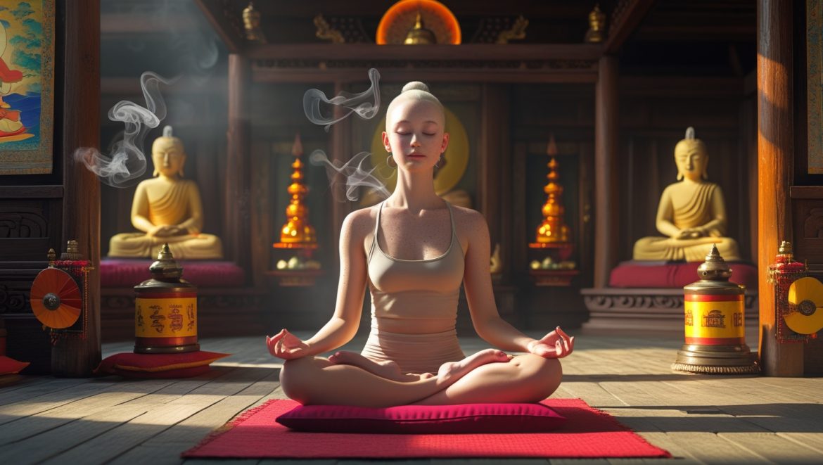 Человек медитирует в позе лотоса в буддийском храме, практикуя випассана медитацию для развития осознанности