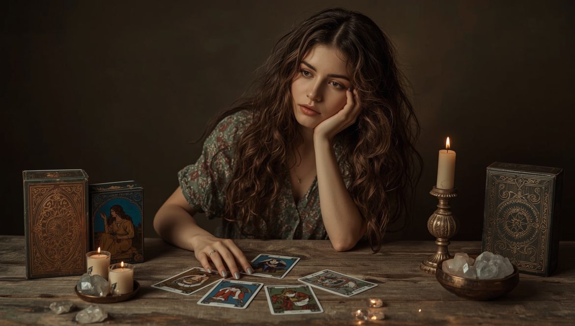 Женщина выбирает колоду карт Таро за деревянным столом в мистической обстановке со свечами и кристаллами