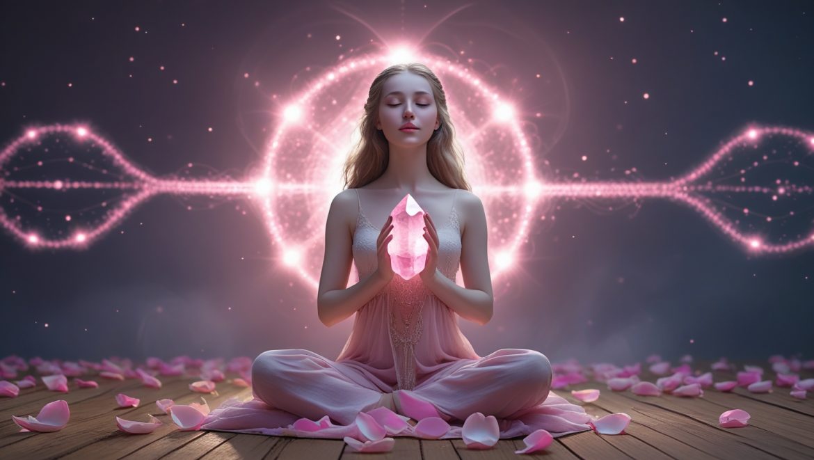 Женщина медитирует с розовым кварцем для активации сердечной чакры и привлечения любви