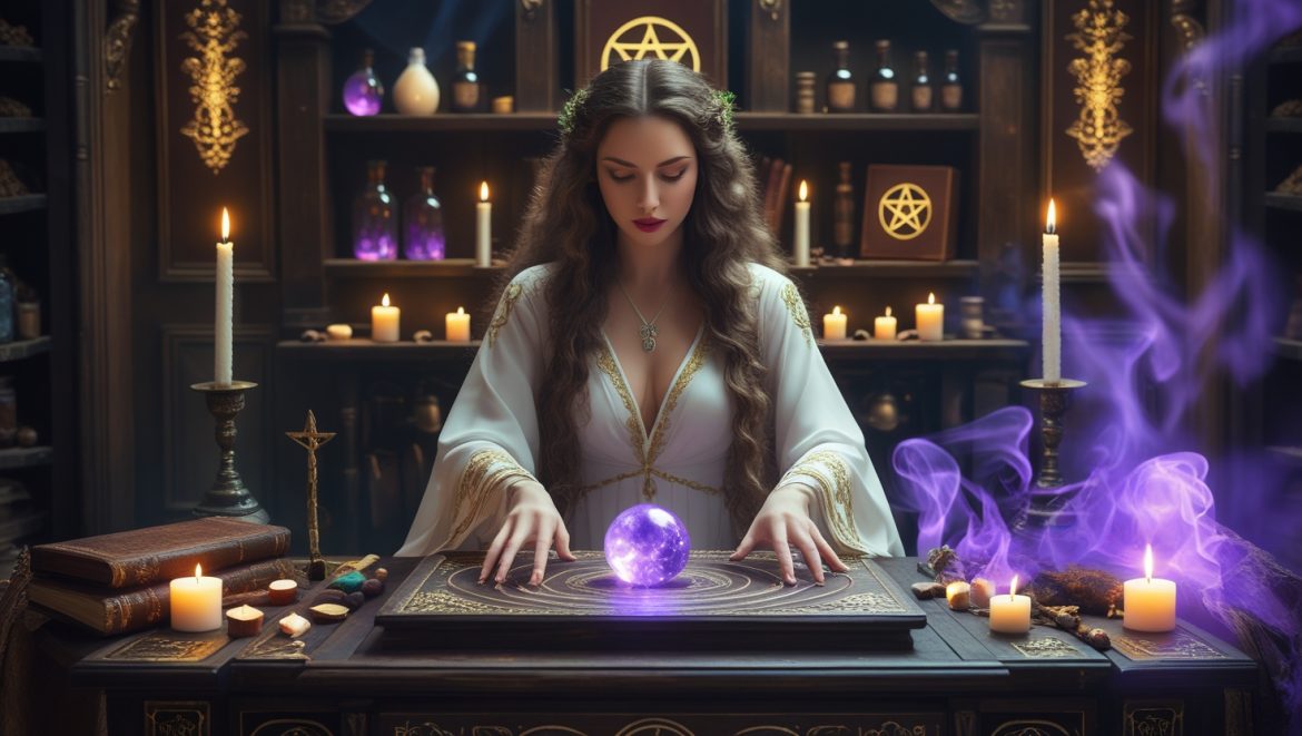 Женщина практикует магию с кристаллами и свечами в мистической атмосфере
