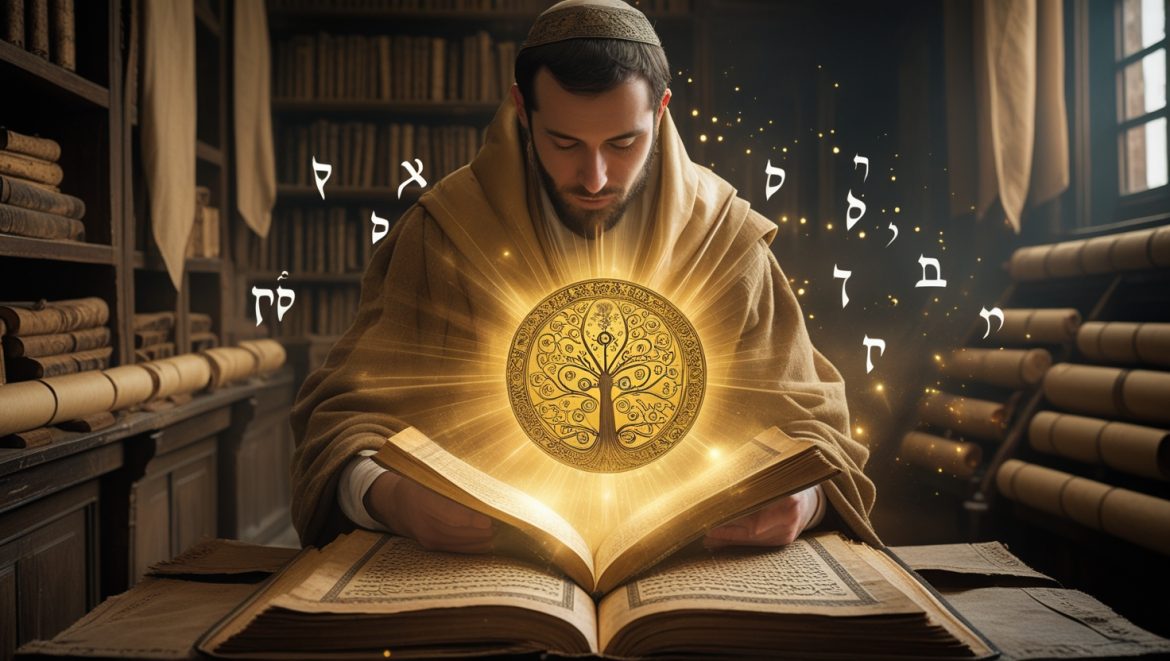 Древняя каббалистическая книга Зогар с мистическим сиянием и символами древа сефирот для изучения еврейской мистики
