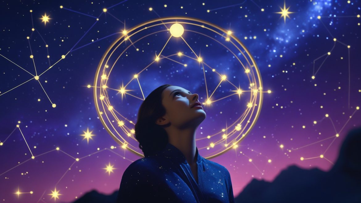 Человек изучает звездные параны в астрологии под ночным небом с яркими неподвижными звездами