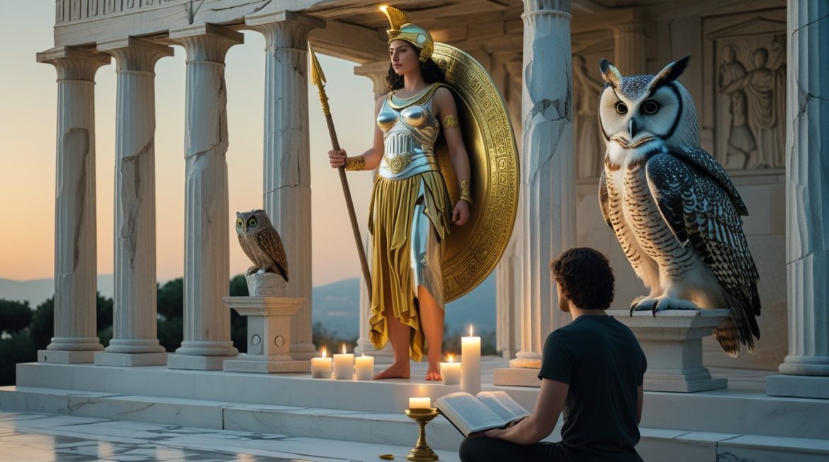 Афина Паллада — богиня мудрости и войны с совой и щитом Эгидой на фоне Акрополя