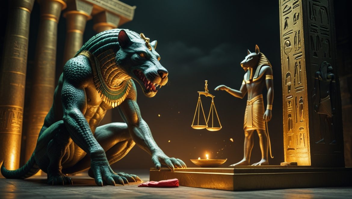 Ам-мут — пожирательница сердец у весов суда Осириса, египетская мифология