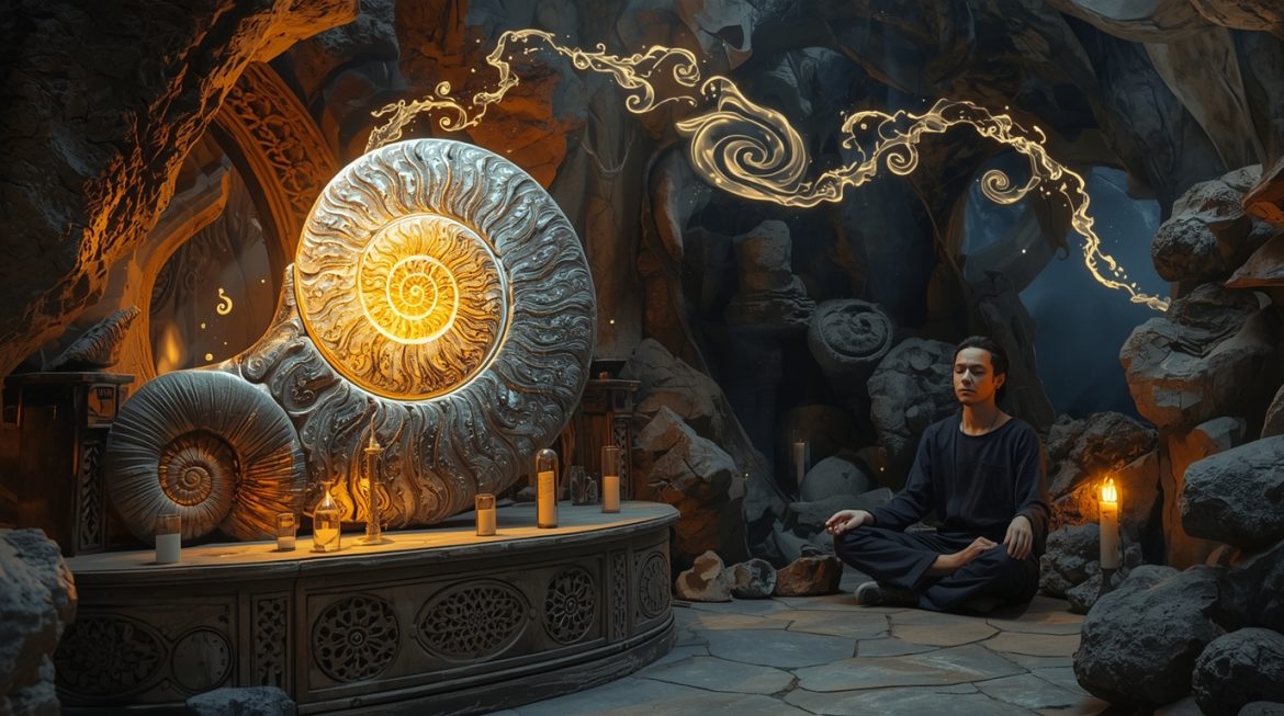 Аммонит — древний камень с золотистой спиральной структурой на тёмном фоне, магические свойства