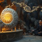 Аммонит — древний камень с золотистой спиральной структурой на тёмном фоне, магические свойства