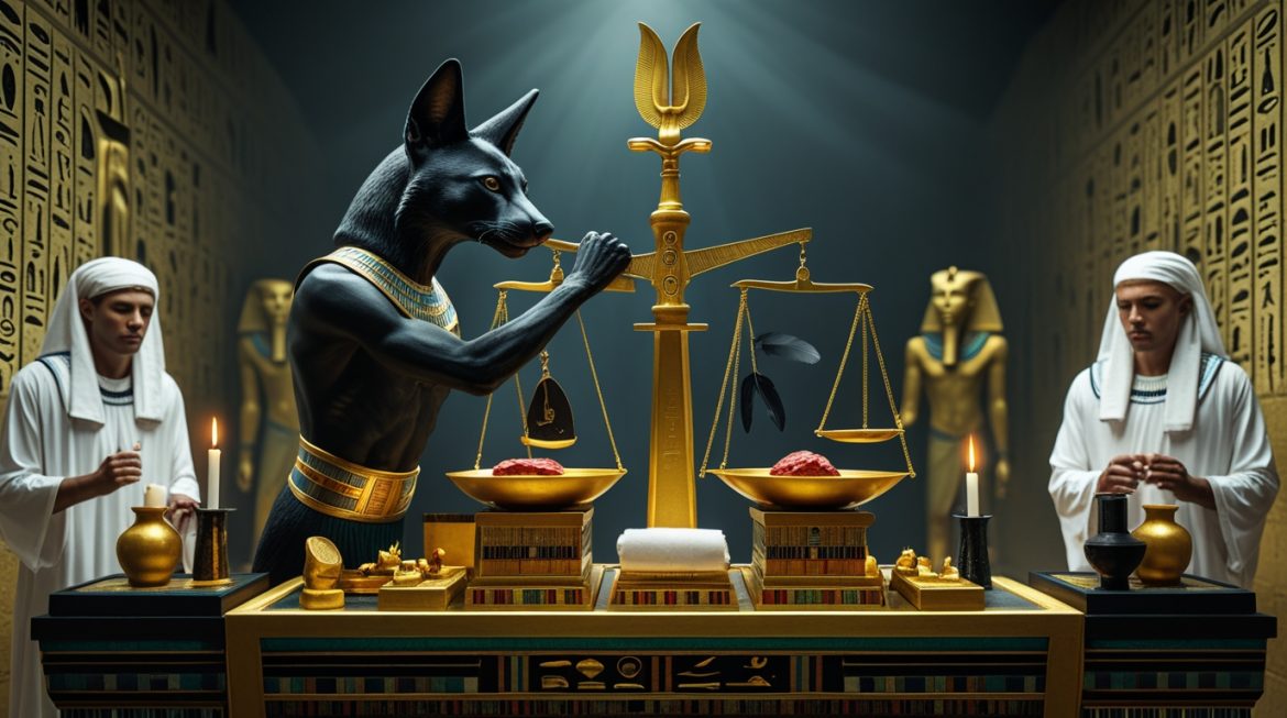 Анубис — египетский бог бальзамирования взвешивает сердце умершего на весах Маат в загробном мире Дуат