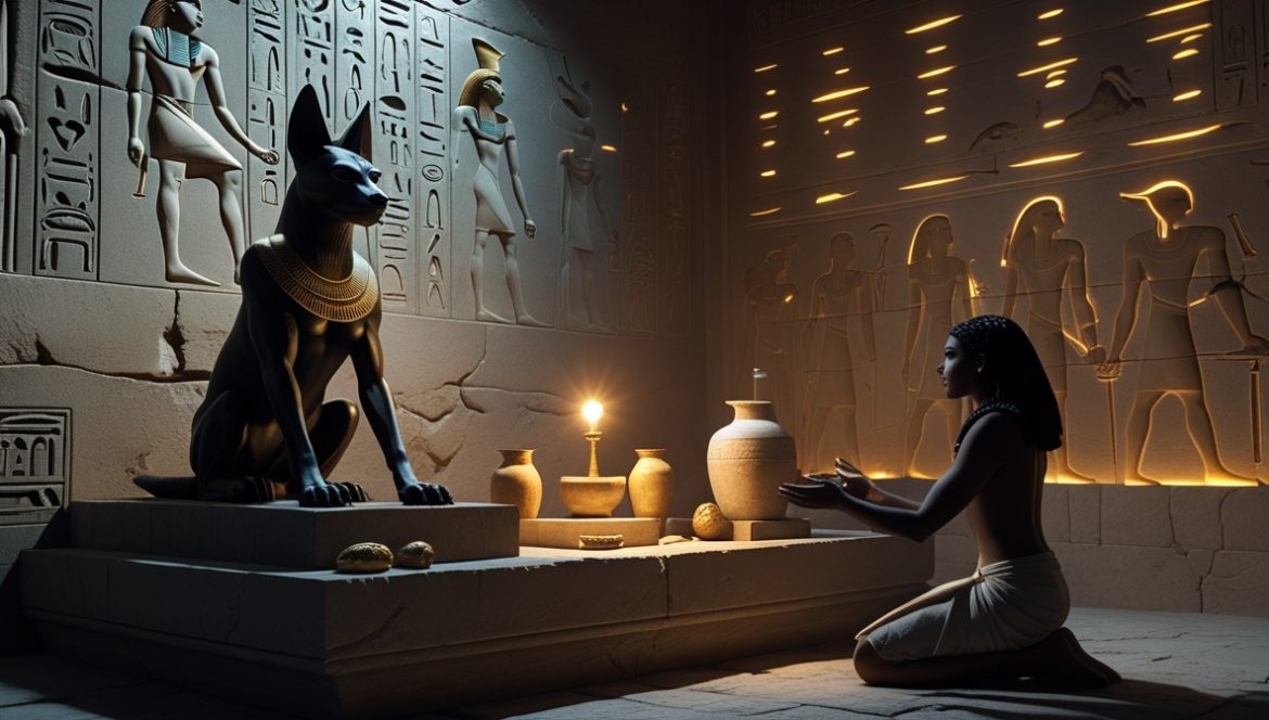 Анубис — бог трансформации в египетской магии, страж ворот Дуата с весами Маат