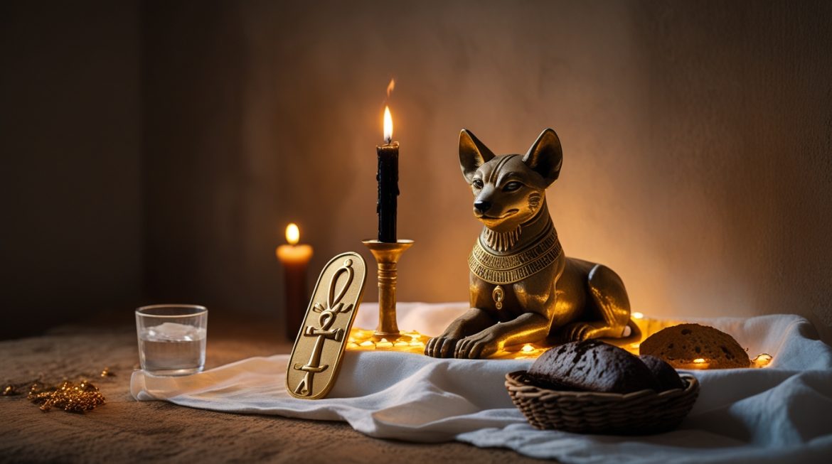 Жрец Анубиса проводит защитный ритуал у древнеегипетского алтаря со священными символами и иероглифами