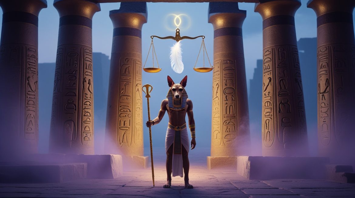 Жрец в маске Анубиса в зале Двух Истин с весами Маат — египетский загробный ритуал психостасии