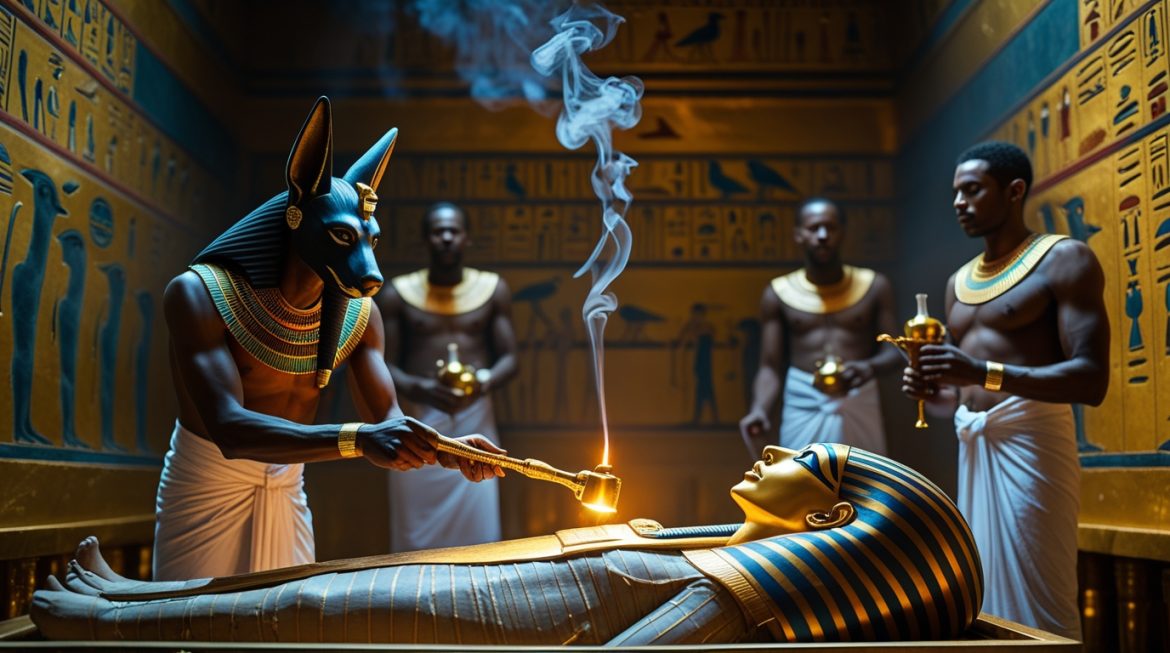 Жрец Анубис проводит ритуал открытия уст перед мумией в египетской гробнице