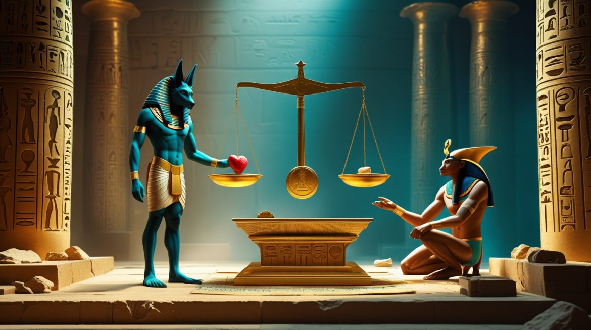 Анубис страж весов суд мёртвых взвешивание сердца пера Маат загробный мир Древнего Египта