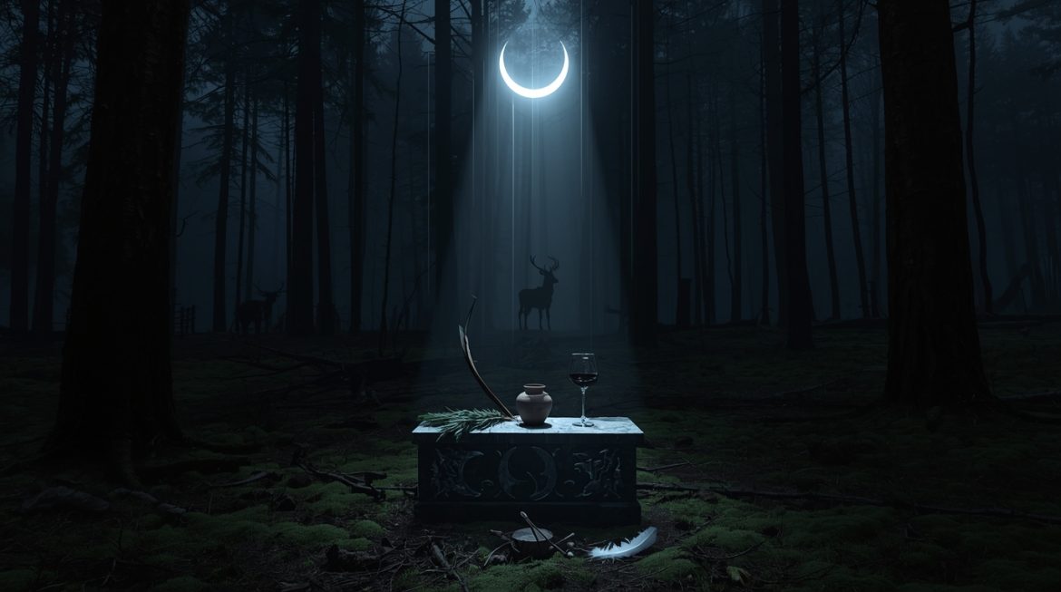 Артемида — богиня охоты и Луны в серебристом лесу при полнолунии с серебряным луком