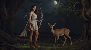 Артемида — богиня охоты и Луны в серебристом лесу при полнолунии с серебряным луком