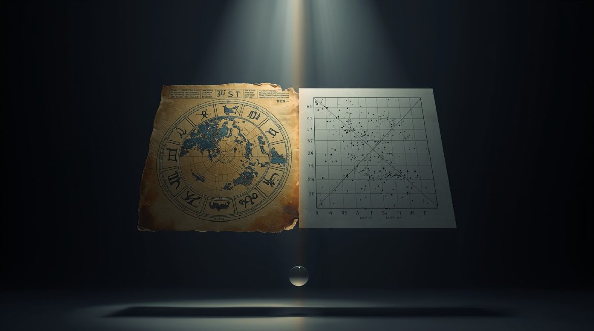 астрология и наука — человек смотрит на звёздное небо с зодиакальными символами