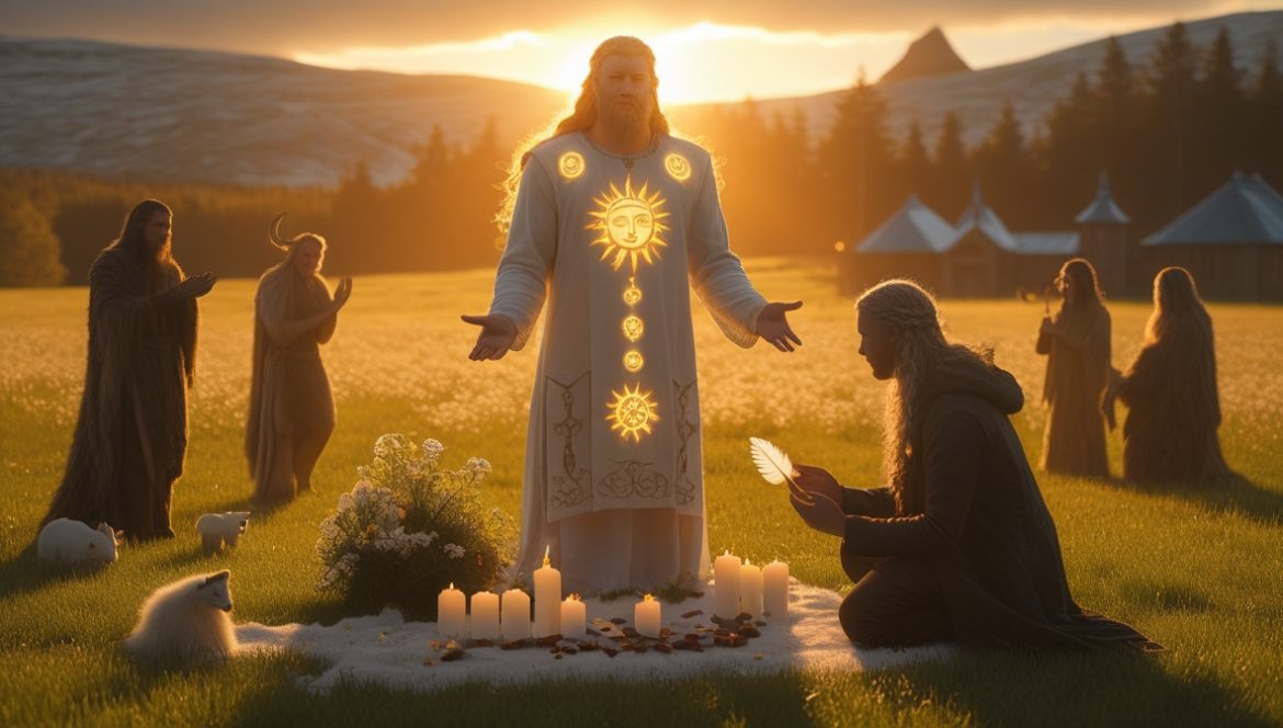 Бальдр — скандинавский бог света в сияющих белых одеждах в зале асов