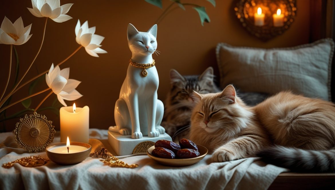 Статуэтка богини Бастет на домашнем алтаре со свечами и египетскими амулетами для защиты дома