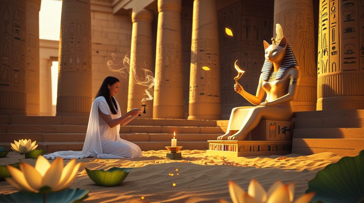 Бастет — египетская богиня-кошка с солнечным диском, систром и священными кошками у ног, золотой храм Бубастиса на закате