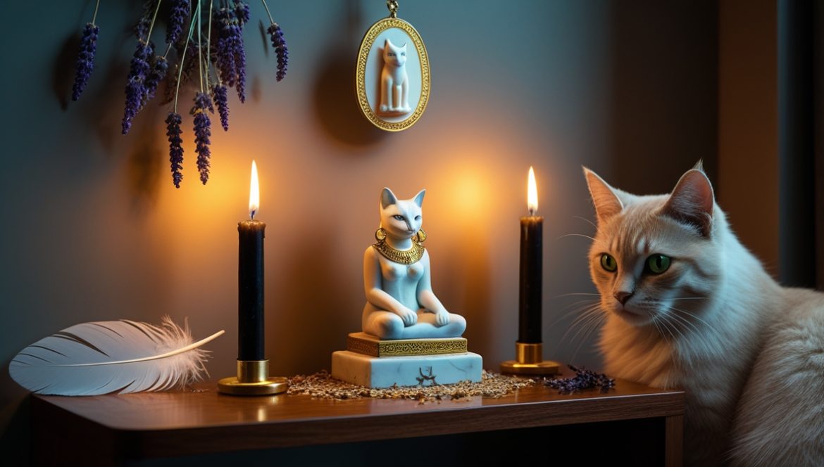 статуэтка богини Бастет на алтаре с благовониями и кошкой — защита дома от злых духов